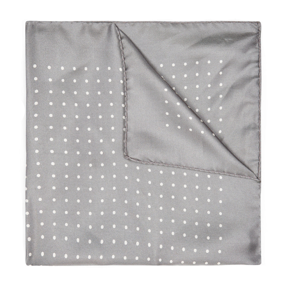 Silver Grey and White Spot Silk Pocket Square