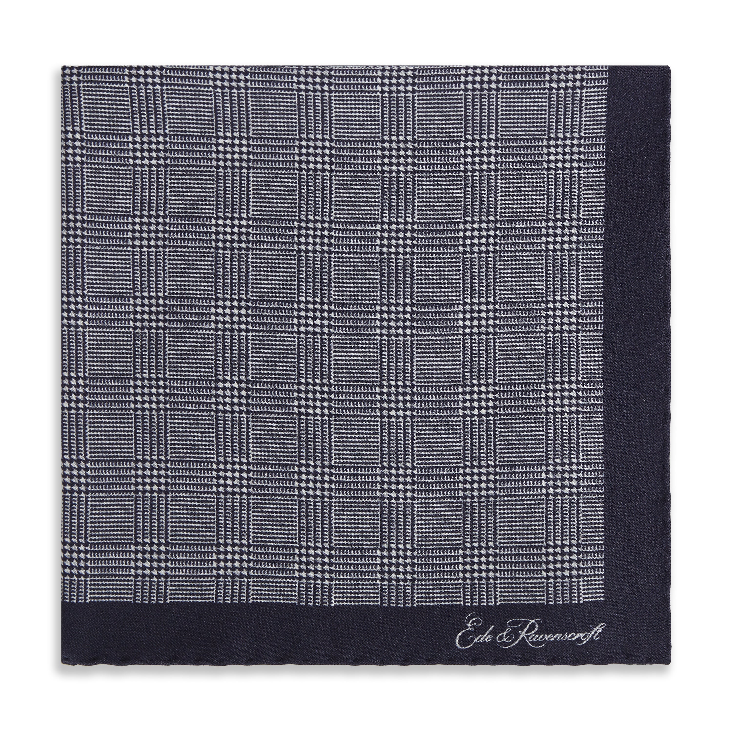 Navy White Prince of Wales Geometric Double Faced Silk Pocket Square - Image 2